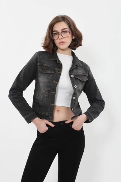 Kadın Cep Detaylı Slim Fit Koyu Gri Jean Ceket ürün görseli 1