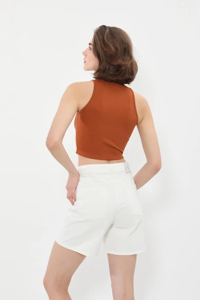 Kadın Yüksek Bel Ekru Jean Şort - Resim 5