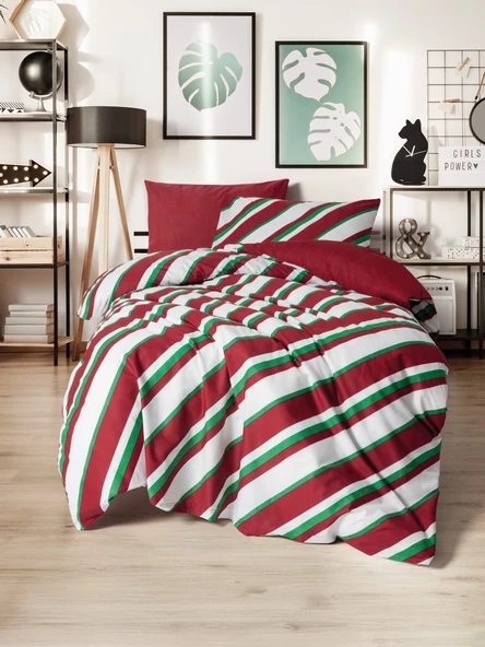 Cozy Home Festive Tek Kişilik Lastikli Çarşaflı Nevresim Takımı Merry Kırmızı ürün görseli 1