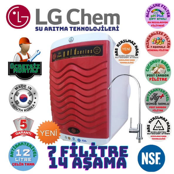 LG Chem GOLD BEYAZ KIRMIZI MONTAJ DAHİL 12 LİTRE 7 FİLTRE 14 AŞAMA SU ARITMA CİHAZI ürün görseli 1