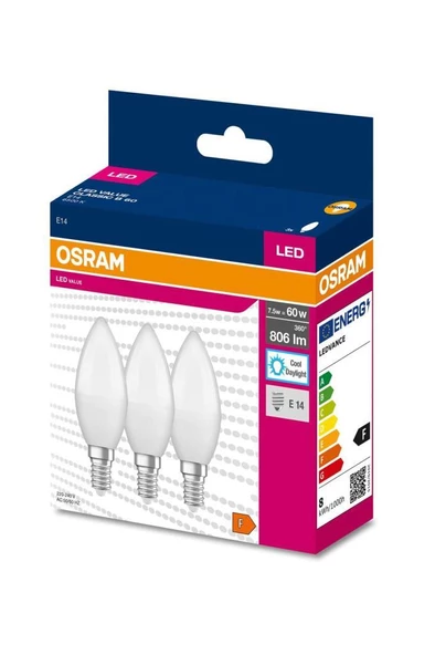 Osram Ledvalue 7,5W (60W) 3 lü Led Mum Ampul Beyaz - 6500K E14 ürün görseli 1