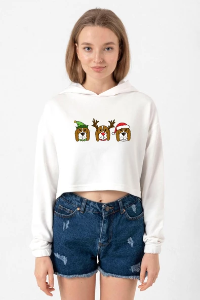 3 Wise Beagles Christmas Ekru Kadın Crop Kapşonlu ürün görseli 1