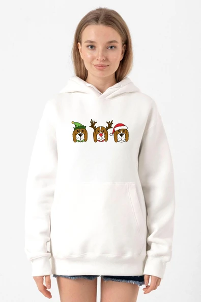 3 Wise Beagles Christmas Beyaz Kadın 3ip Kapşonlu Sweatshirt ürün görseli 1