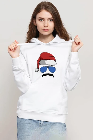 Mustache Christmas Hero Beyaz Kadın 3ip Kapşonlu Sweatshirt ürün görseli 1