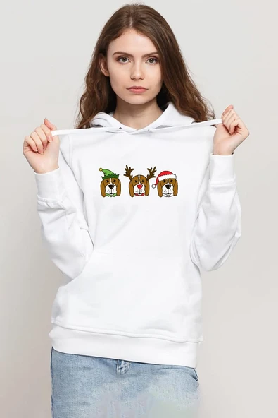 3 Wise Beagles Christmas Beyaz Kadın 3ip Kapşonlu Sweatshirt ürün görseli 1