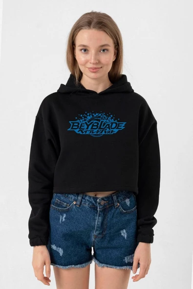 Beyblade Logo Siyah Kadın Crop Kapşonlu ürün görseli 1