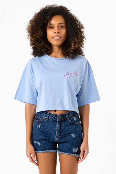 Blackpink Jennie Signature Bebe Mavi Kadın Crop Tshirt ürün görseli 1