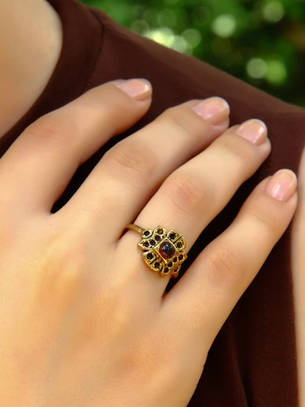 Doğal Taş Lal (Granat Garnet) Minimal Doğal Taşlı Antik Ayarlanabilir Kadın Yüzük euy37l ürün görseli 1