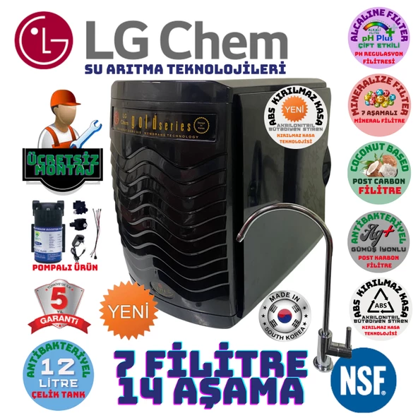 LG Chem GOLD SİYAH POMPALI MONTAJ DAHİL 12 LİTRE 7 FİLTRE 14 AŞAMA SU ARITMA CİHAZI ürün görseli 1