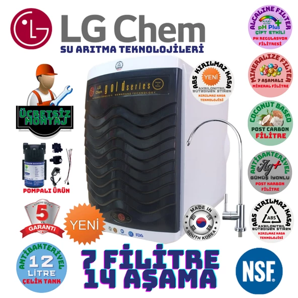 LG Chem GOLD BEYAZ SİYAH POMPALI MONTAJ DAHİL 12 LİTRE 7 FİLTRE 14 AŞAMA SU ARITMA CİHAZI ürün görseli 1