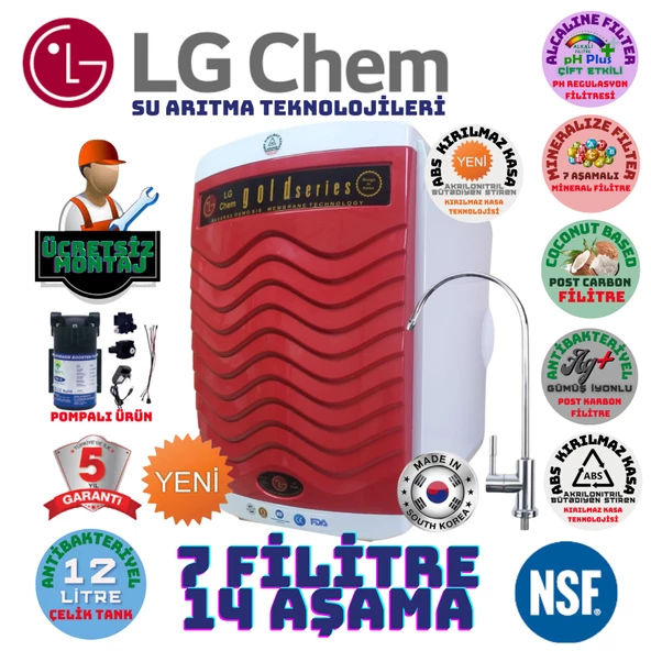 LG Chem GOLD BEYAZ KIRMIZI POMPALI MONTAJ DAHİL 12 LİTRE 7 FİLTRE 14 AŞAMA SU ARITMA CİHAZI ürün görseli 1