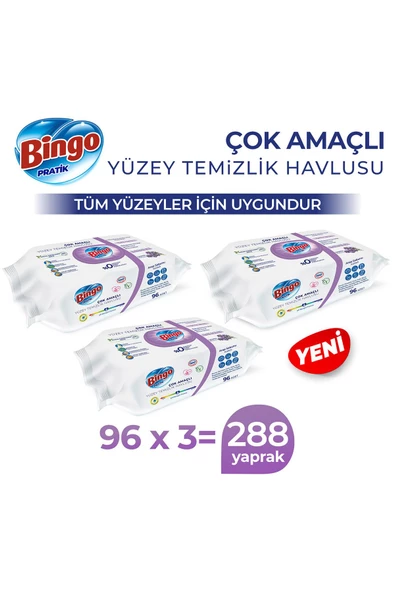 Bingo Pratik Yüzey Temizlik Havlusu Arap Sabunu Katkılı Lavanta 96x3 (288 YAPRAK) ürün görseli 1