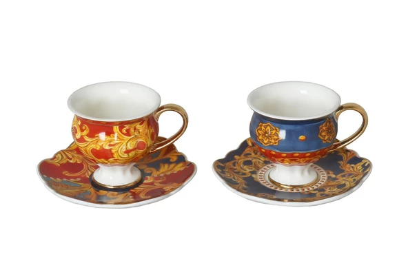 Lucky Art Florance Bone China Porselen Mavi Kırmızı Desenli Ayaklı 2 li Kahve Fincanı Seti LYHD 614 ürün görseli 1
