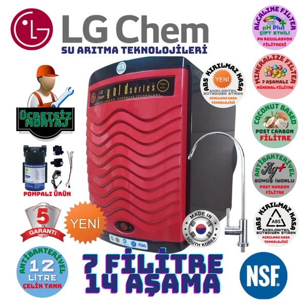 LG Chem GOLD SİYAH KIRMIZI POMPALI MONTAJ DAHİL 12 LİTRE 7 FİLTRE 14 AŞAMA SU ARITMA CİHAZI ürün görseli 1