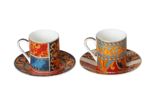 Lucky Art Florance Bone China Porselen Mavi Kırmızı Barok Desenli 2 li Kahve Fincanı Seti LYHD 613 ürün görseli 1