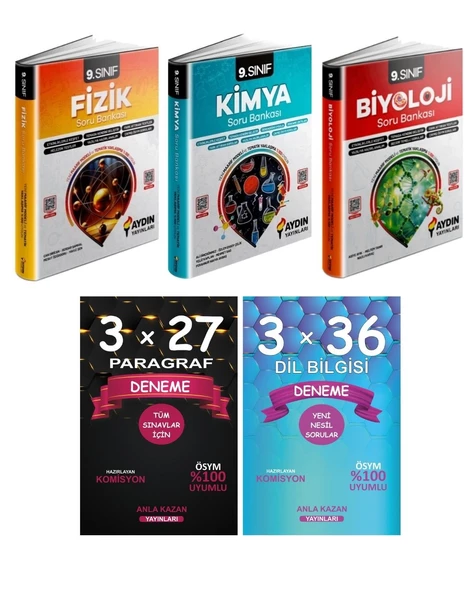 Aydın 9. Sınıf Fizik Kimya Biyoloji Soru ve Anla Kazan Paragraf Dil Bilgisi Deneme 5li Set ürün görseli 1