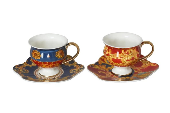 Lucky Art Florance Bone China Porselen Mavi Kırmızı Desenli Ayaklı 4 lü Çay Fincanı Seti LYHD 615 ürün görseli 1