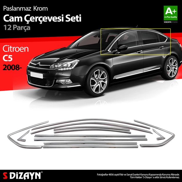 S-Dizayn Citroen C5 Krom Cam Çerçeve Seti 12 Prç 2008-2017 (Bütün-Formlu) A+ Kalite ürün görseli 1
