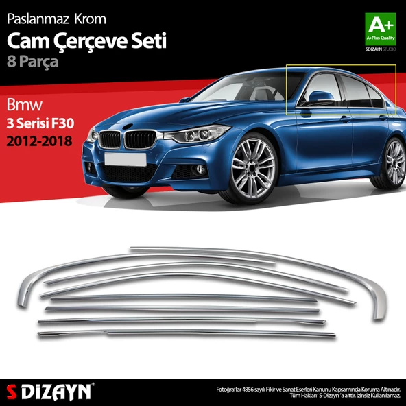 S-Dizayn Bmw 3 Serisi F30 Krom Cam Çerçeve Seti 8 Prç 2012-2017 A+ Kalite ürün görseli 1