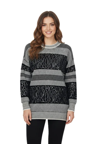 Kadın Pullu Çizgili Oversize Kazak 7592 BGL-ST04076 - Resim 5