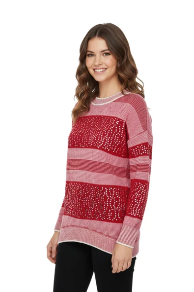 Kadın Pullu Çizgili Oversize Kazak 7592 BGL-ST04076 - Resim 3