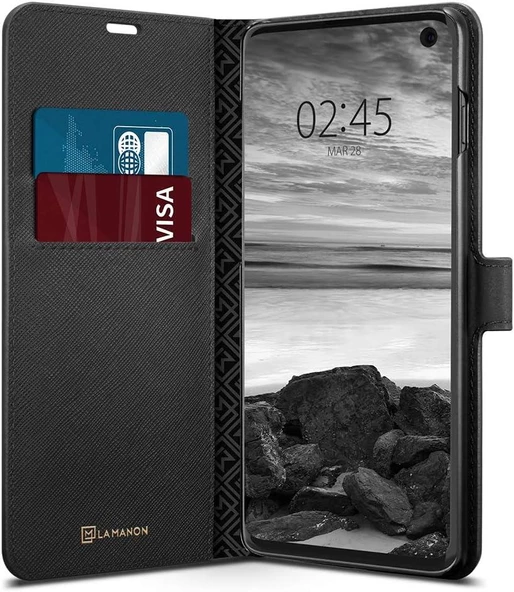 Spigen Galaxy S10 ile Uyumlu Kılıf La Manon Wallet Saffiano Black ürün görseli 1
