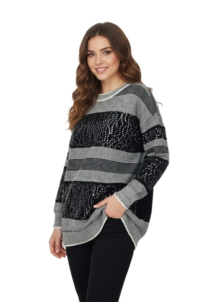 Kadın Pullu Çizgili Oversize Kazak 7592 BGL-ST04076 - Resim 6