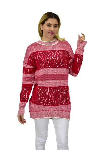 Kadın Pullu Çizgili Oversize Kazak 7592 BGL-ST04076 ürün görseli 1