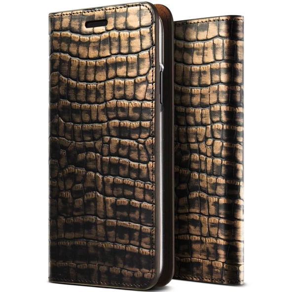 VRS Design İPhone X ile Uyumlu Genuine Croco Diary Kılıf Dark Gold ürün görseli 1