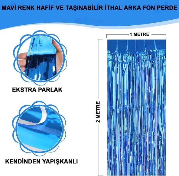 Mavi Renk Ekstra Metalize Parlak Saçaklı Arka Fon Perde İthal A Kalite 1x2 Metre ürün görseli 1