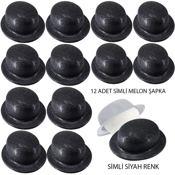 Siyah Renk Simli Melon Yuvarlak Parti Şapkası 12 Adet ürün görseli 1