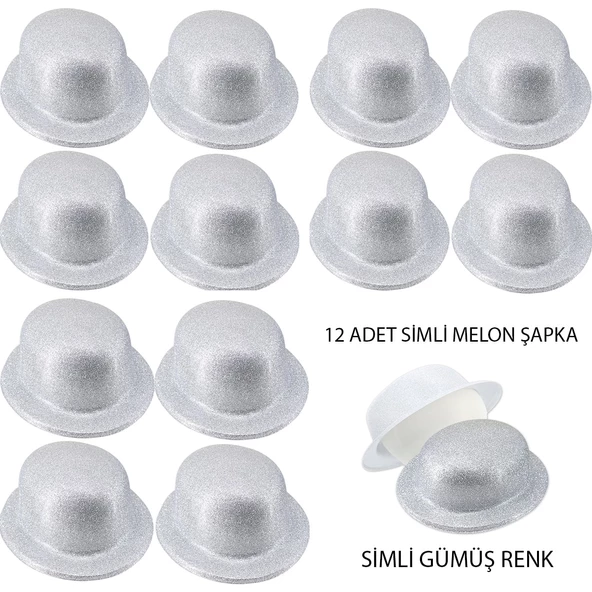 Gümüş Renk Simli Melon Yuvarlak Parti Şapkası 12 Adet ürün görseli 1