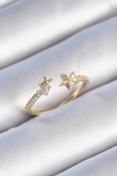 Pirinç Gold Renk Zirkon Taş Detay Yıldız Model Kadın Yüzük TJ-BYK3446 ürün görseli 1