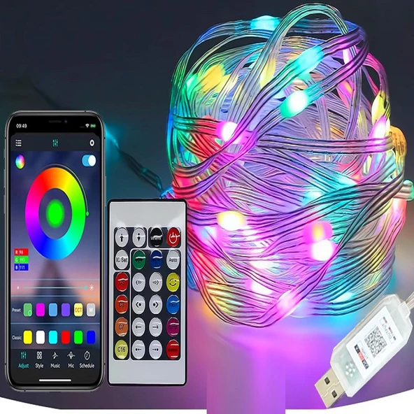 YILBAŞI AĞACI IŞIĞI NOEL IŞIĞI RENKLİ LED IŞIK IP65 10 METRE USB KUM. + CEP KONTROL DIŞ MEKAN IŞIĞI ürün görseli 1