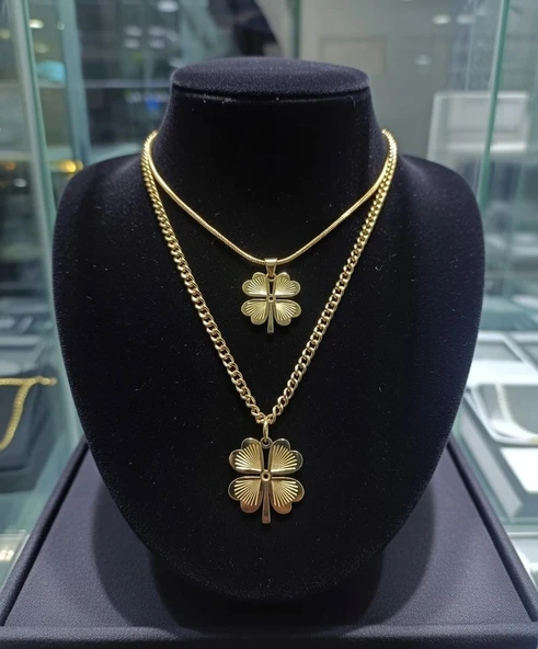 Jade'm Gold Çelik Dört Yapraklı Çiftli Kolye - Resim 2