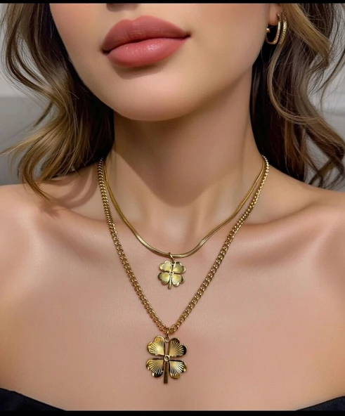 Jade'm Gold Çelik Dört Yapraklı Çiftli Kolye - Resim 4