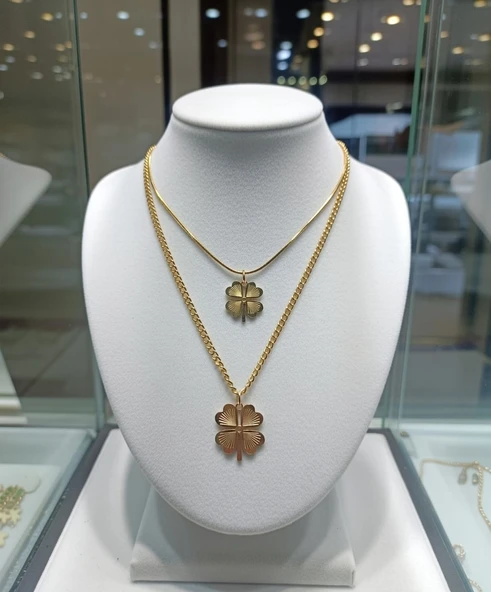 Jade'm Gold Çelik Dört Yapraklı Çiftli Kolye ürün görseli 1