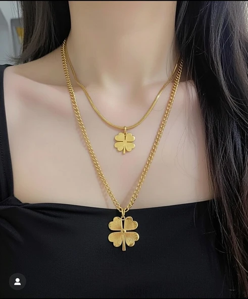 Jade'm Gold Çelik Dört Yapraklı Çiftli Kolye - Resim 5
