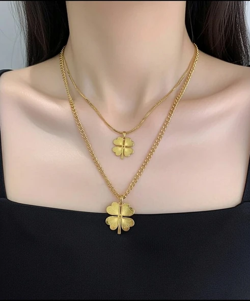Jade'm Gold Çelik Dört Yapraklı Çiftli Kolye - Resim 6