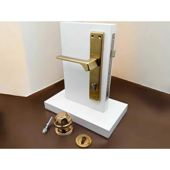 Zey Mat Altın Çelik Kapı Kolu Sol Basar + Kapı Tokmağı Kilit Hariçtir - Resim 3