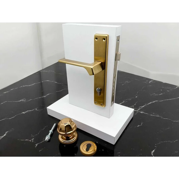 Zey Mat Altın Çelik Kapı Kolu Sol Basar + Kapı Tokmağı Kilit Hariçtir - Resim 4