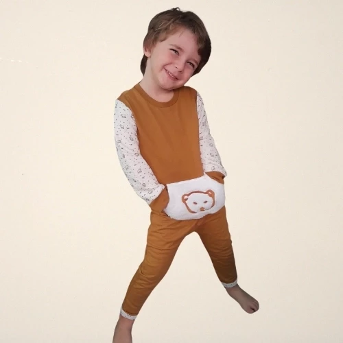 Erkek Bebek Tarçın Ayıcık Peluş Cepli İkili Takım (6ay-4yaş) ürün görseli 1