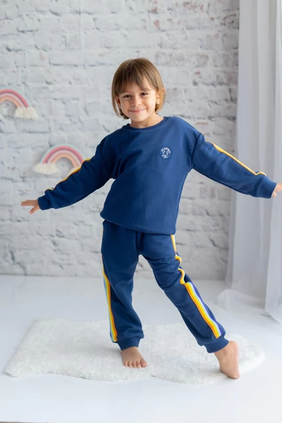 Unisex Şeritli Lacivert Eşofman Takım (5-14 Yaş) ürün görseli 1