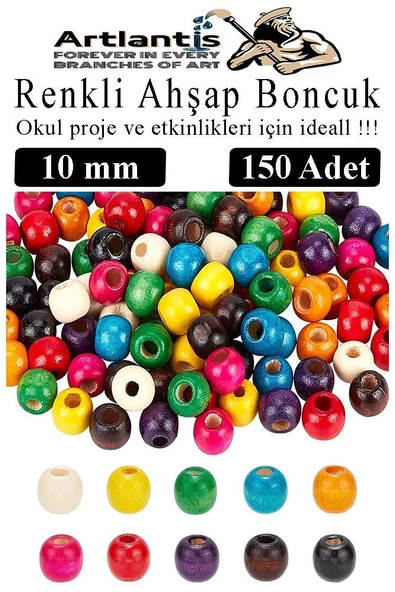Renkli Ahşap Boncuk 10 mm 150 Adet Renkli Tahta Boncuk El İşi Okul Öncesi Kreş Anasınıfı Proje Tasarım Ödev Elişi ürün görseli 1