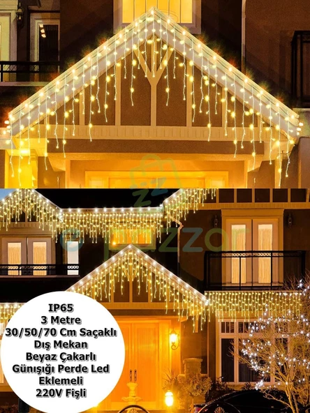 Ip65 3 Mt. 30/50/70 Cm Saçaklı Dış Mekan Beyaz Çakarlı Günışığı Perde Led Eklemeli 220v Fişli ürün görseli 1