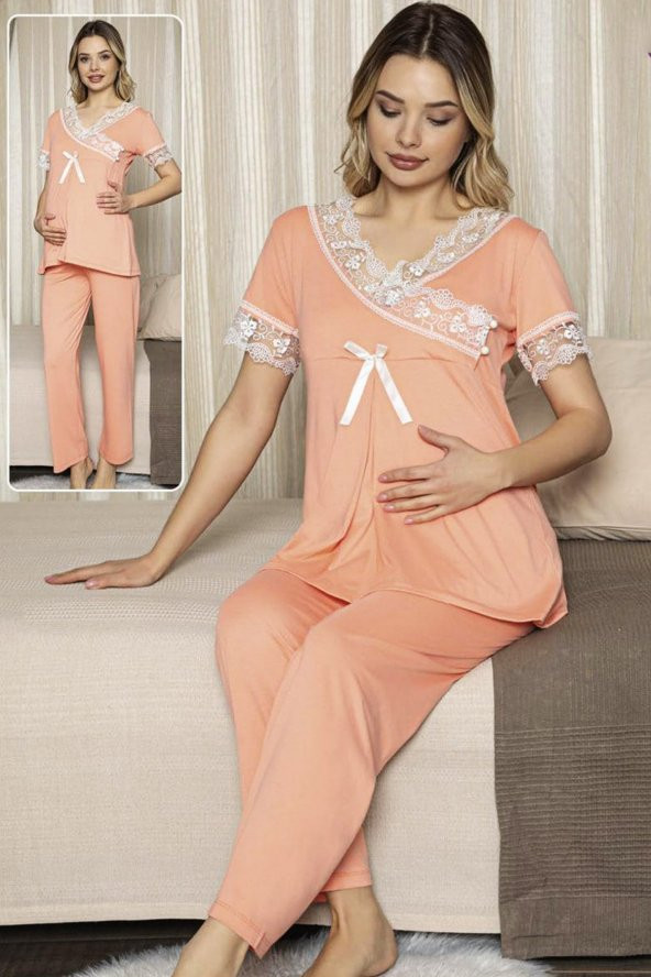 Kadın Turuncu Lohusa Pijama Takımı Jenika 47189 - Jenika 2 li Kadın Hamile Pijaması ürün görseli 1