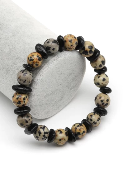 Dalmaçyalı Jasper-Turmalin Doğal Taş Tasarım Bileklik 10 mm Küre Kesim ürün görseli 1