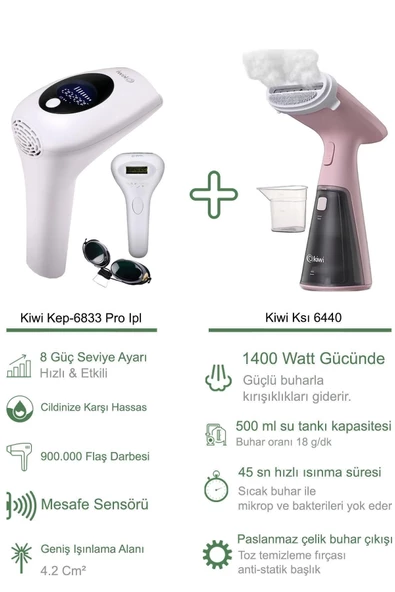 Kiwi Kep-6833 Pro Ipl Lazer Epilasyon +Kiwi 6440 Buharlı Dikey Ütü Pembe ürün görseli 1
