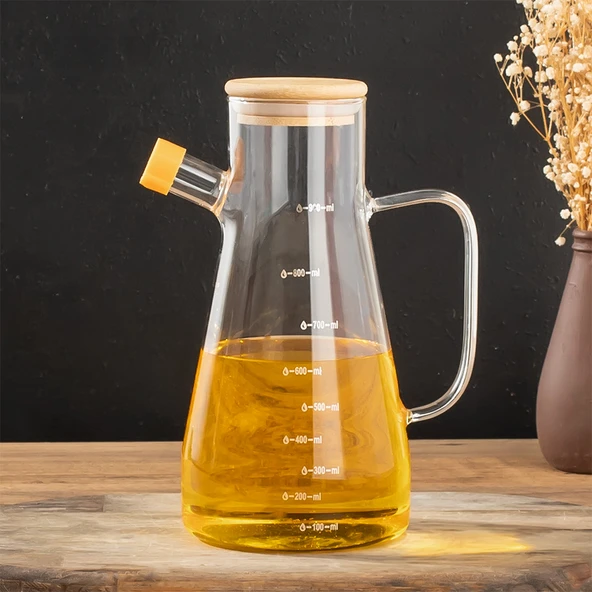 Porsima 401275 Alisa Bambu Kapaklı Borosilikat Ölçekli Cam Yağlık Silikon Tabanlı Dereceli Yağdanlık 900 mL ürün görseli 1