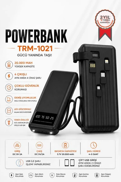 Taşınabilir Batarya 20000 Mah Ledli 4 Çıkışlı Powerbank TRM-1021 Siyah ürün görseli 1